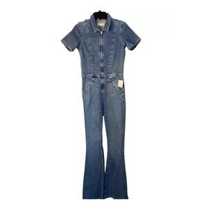 NWT Free People Jayde Flare Blue Denim Jumpsuit Women's Size Medium